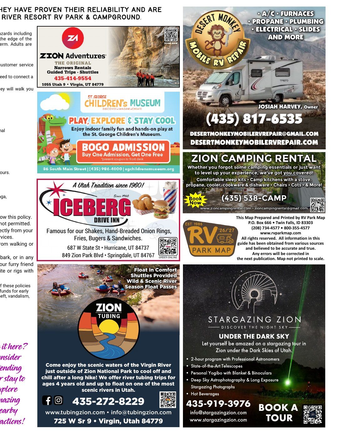 Zion River Resort guide, inside right: sponsors